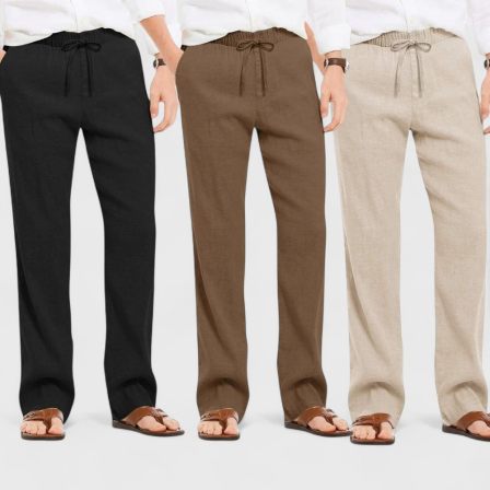 Combo of 3 Linen Loose Fit Men Pant Light Beige-Brown and Black