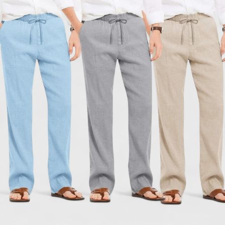 Combo of 3 Linen Loose Fit Men Pant Light Beige-Gray and Blue