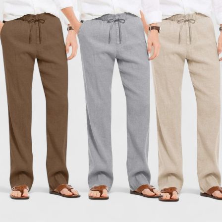 Combo of 3 Linen Loose Fit Men Pant Light Beige-Gray and Brown