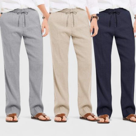 Combo of 3 Linen Loose Fit Men Pant Navy Blue-Light Beige and Gray