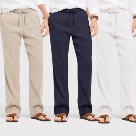 Combo of 3 Linen Loose Fit Men Pant White-Navy Blue and Light Beige