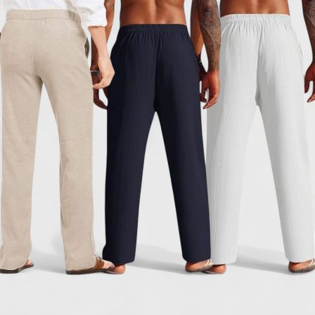 Combo of 3 Linen Loose Fit Men Pant White-Navy Blue and Light Beige