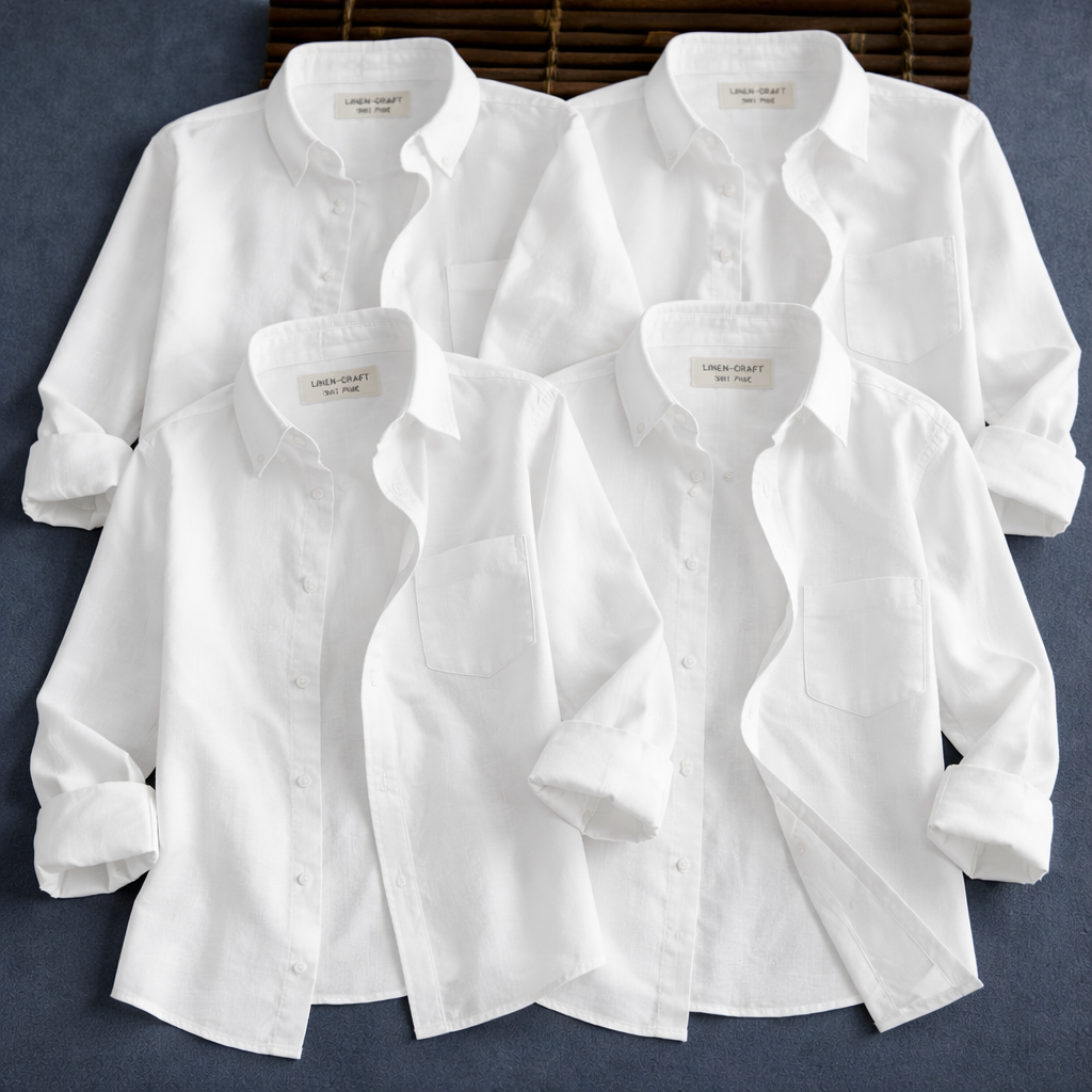 Men's Premium Line White Cotton Linen Shirt Full Sleeves (Pack Of 4)